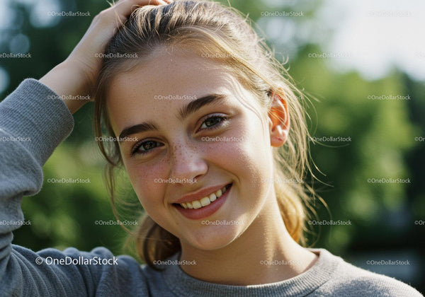 Happy Young Woman Smiling Outdoors with Sunlight and Green Background