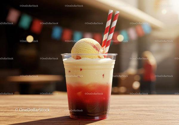 Berry Iced Smoothie with Ice Cream and Strawberries in a Clear Cup