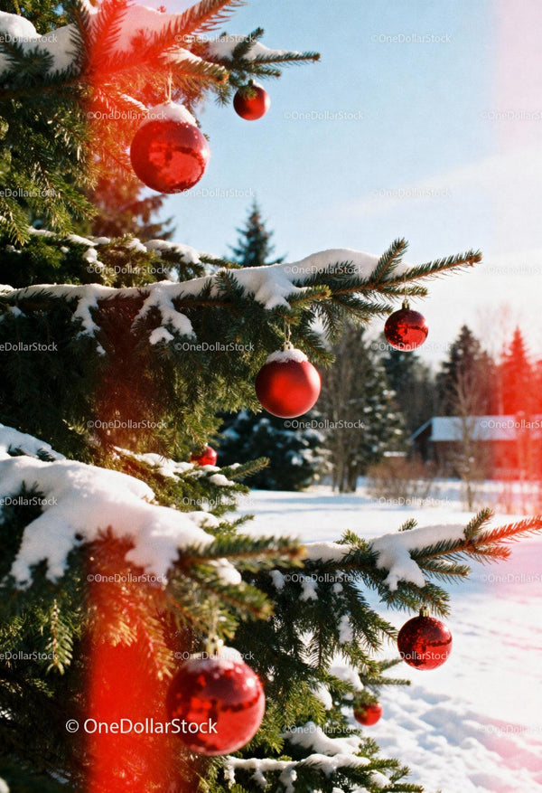 Snow-Covered Pine with Red Ornaments on Winter Day