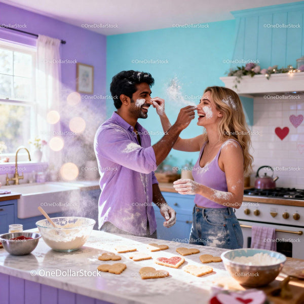 Couple Playfully Baking Heart-Shaped Cookies Together