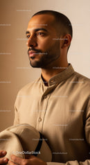 Portrait of a Young Man in Traditional Beige Shirt with Contemplative Expression