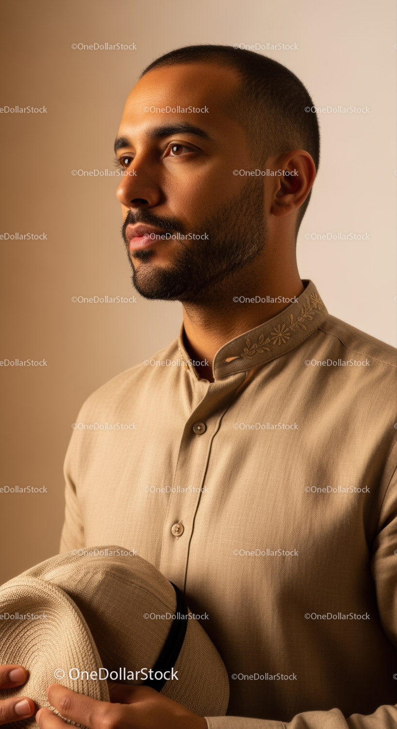 Portrait of a Young Man in Traditional Beige Shirt with Contemplative Expression
