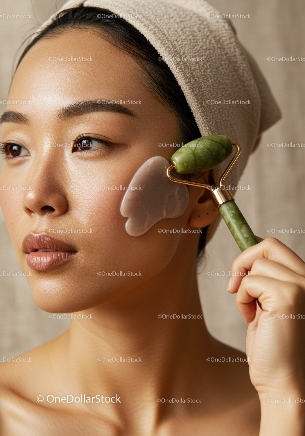 Asian Woman Using Jade Roller for Facial Massage and Skincare