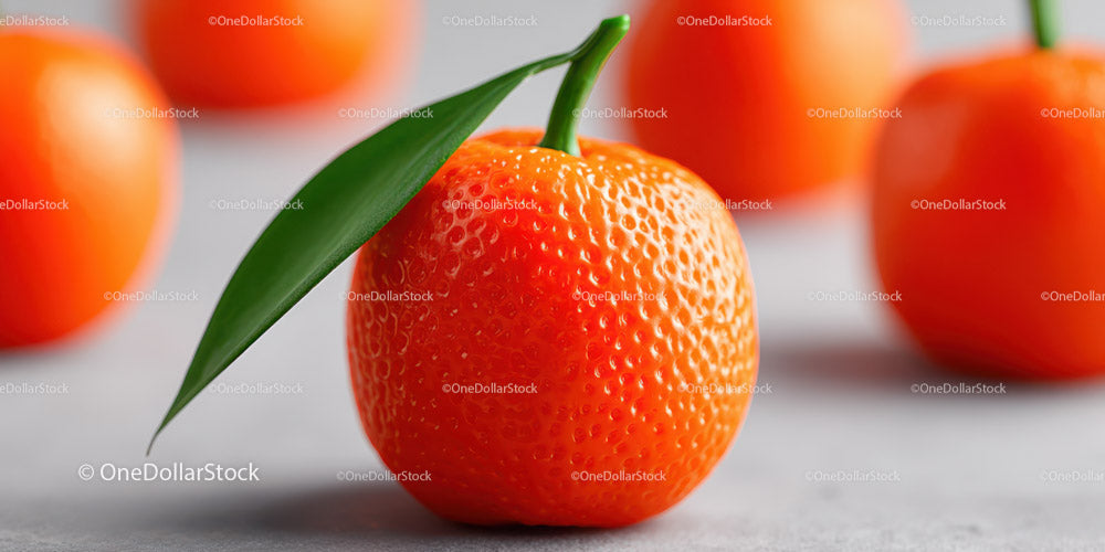 Vivid Fresh Orange Tangerines with Green Leaf on White Surface