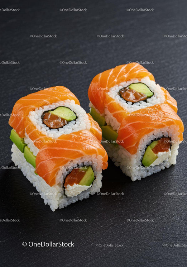 Fresh salmon avocado sushi rolls on dark surface