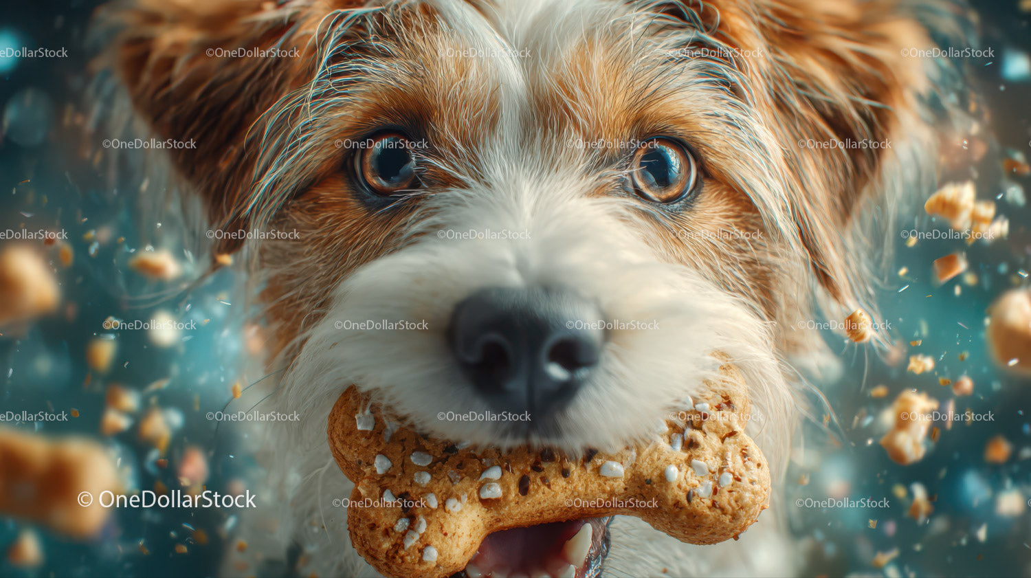 Cute Dog with Bone in Mouth Surrounded by Falling Food