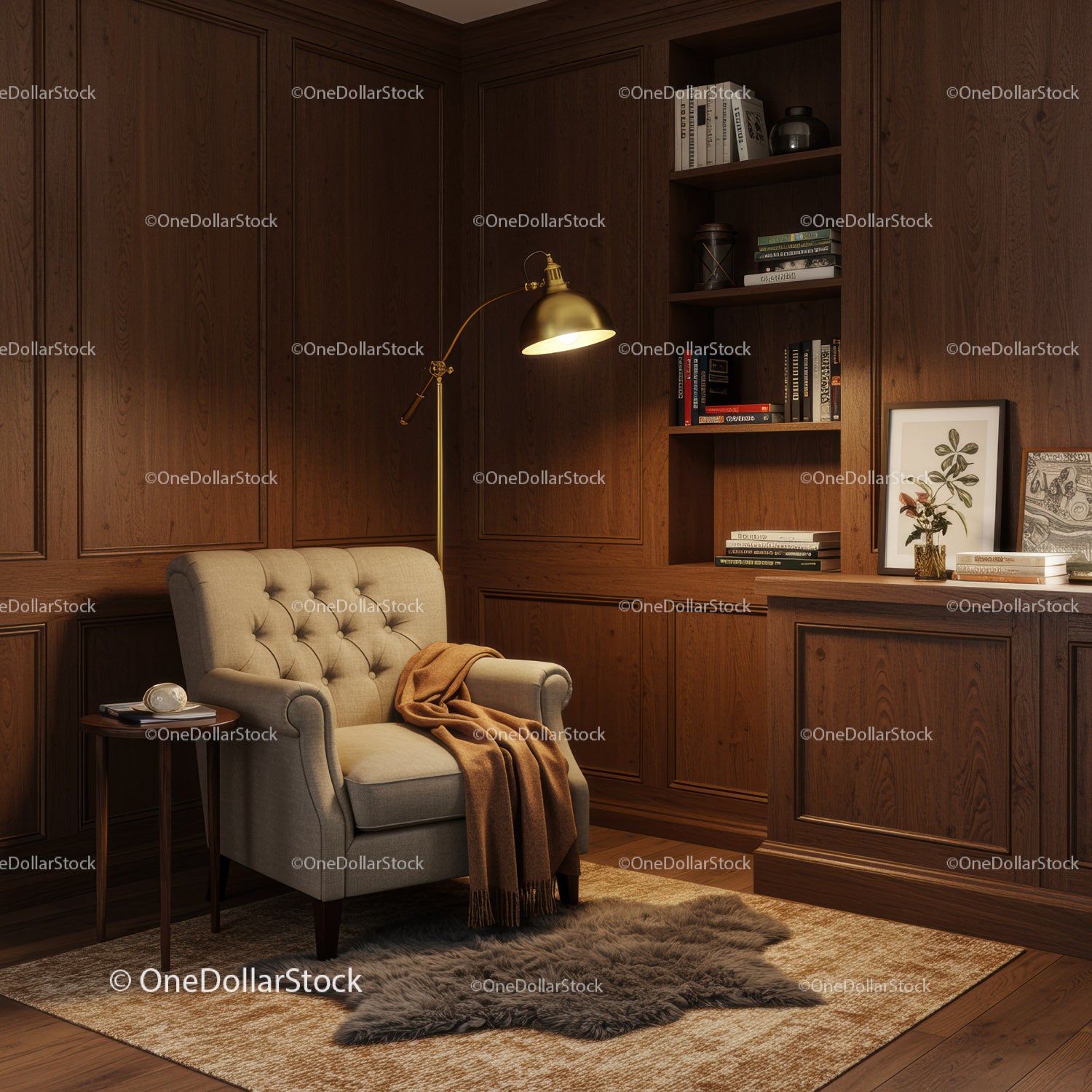 Cozy reading nook with armchair and warm lighting