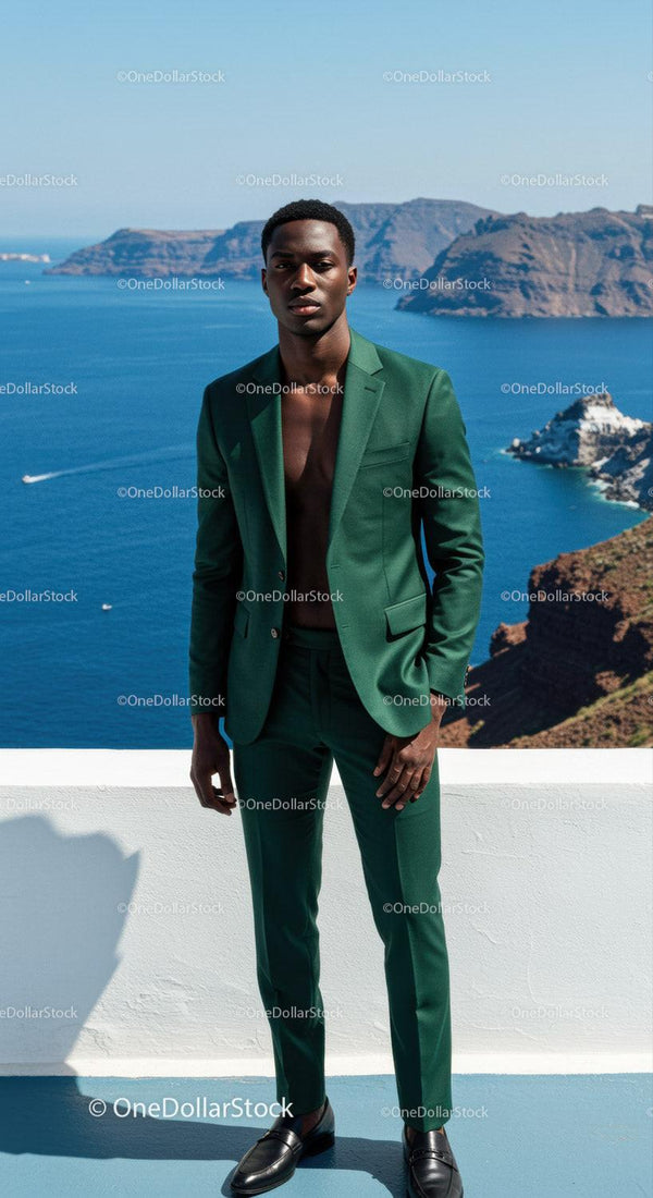 Stylish man in green suit overlooking coastal cliffs