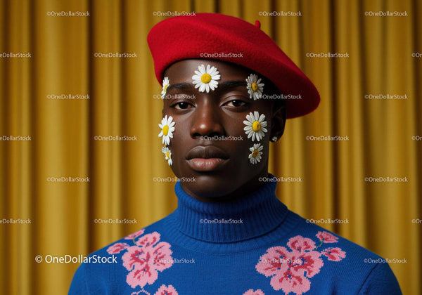 Stylish man in red beret with daisy face art