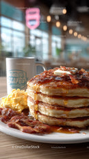 Stack of Fluffy Pancakes with Syrup and Bacon