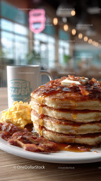 Stack of Fluffy Pancakes with Syrup and Bacon