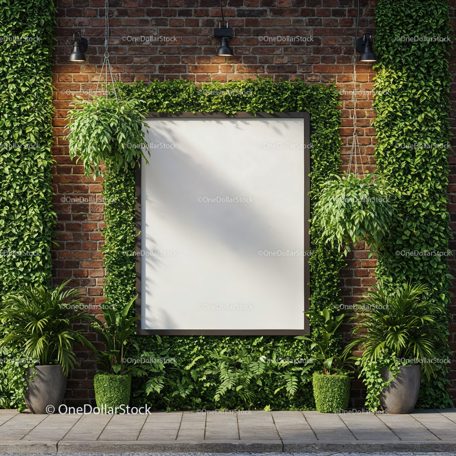 Blank white billboard framed by lush green plants outdoors