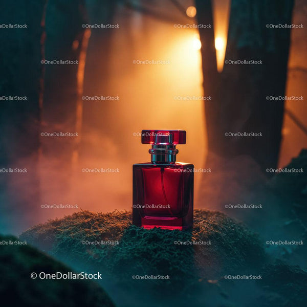 Red Glass Perfume Bottle on Rocky Surface with Mystical Lighting JPG Mockup Image