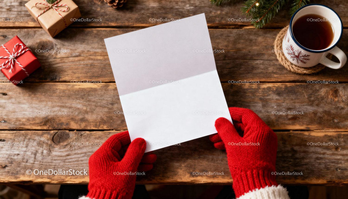 Hands in Red Gloves Holding Blank Christmas Card on Wood JPG Mockup Image preview