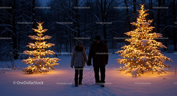 Couple Walking Hand in Hand by Lit Snowy Christmas Trees