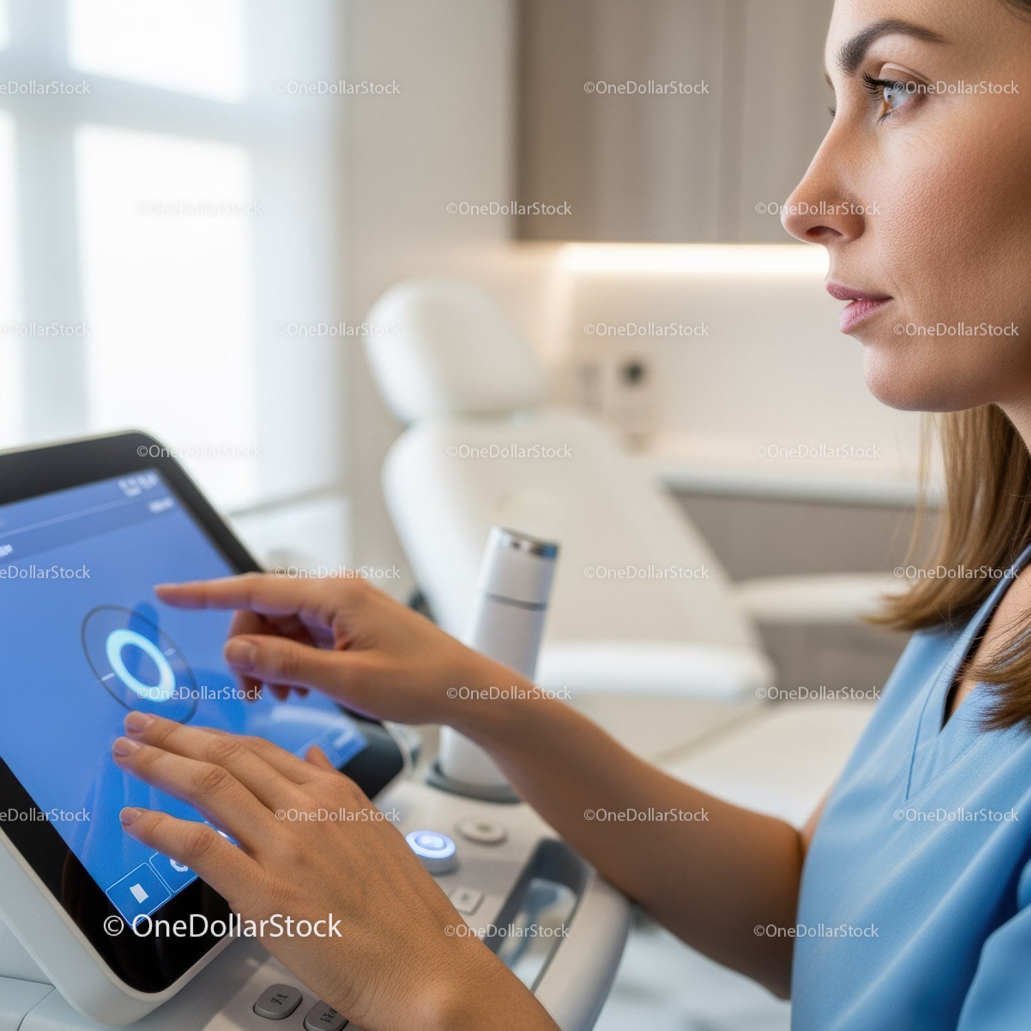 Zbliżenie na dentystkę wykonującą przegląd stomatologiczny w nowoczesnej klinice