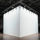 Bright white empty exhibition booth corner with spotlights