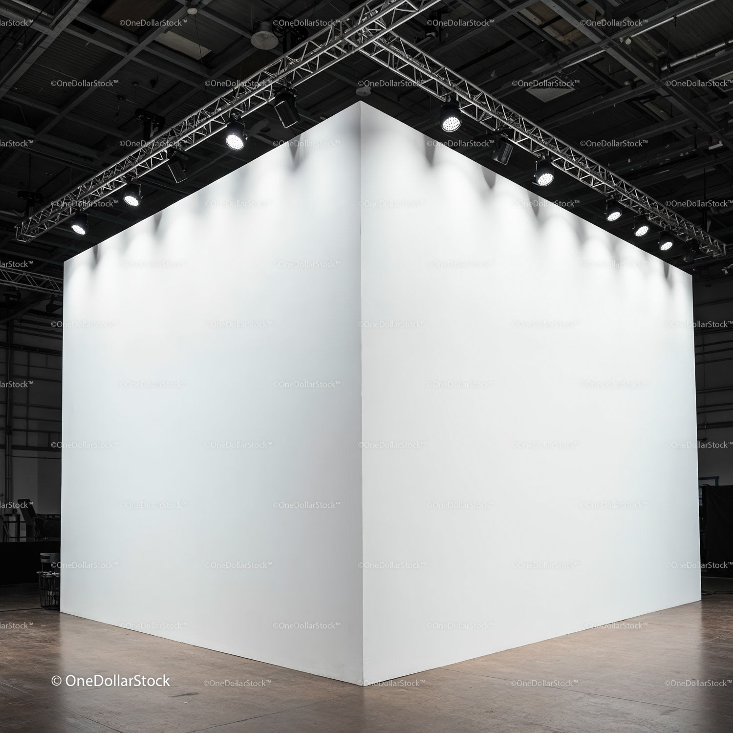 Bright white empty exhibition booth corner with spotlights