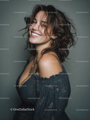 Young Woman Smiling with Curly Hair in Stylish Black Top