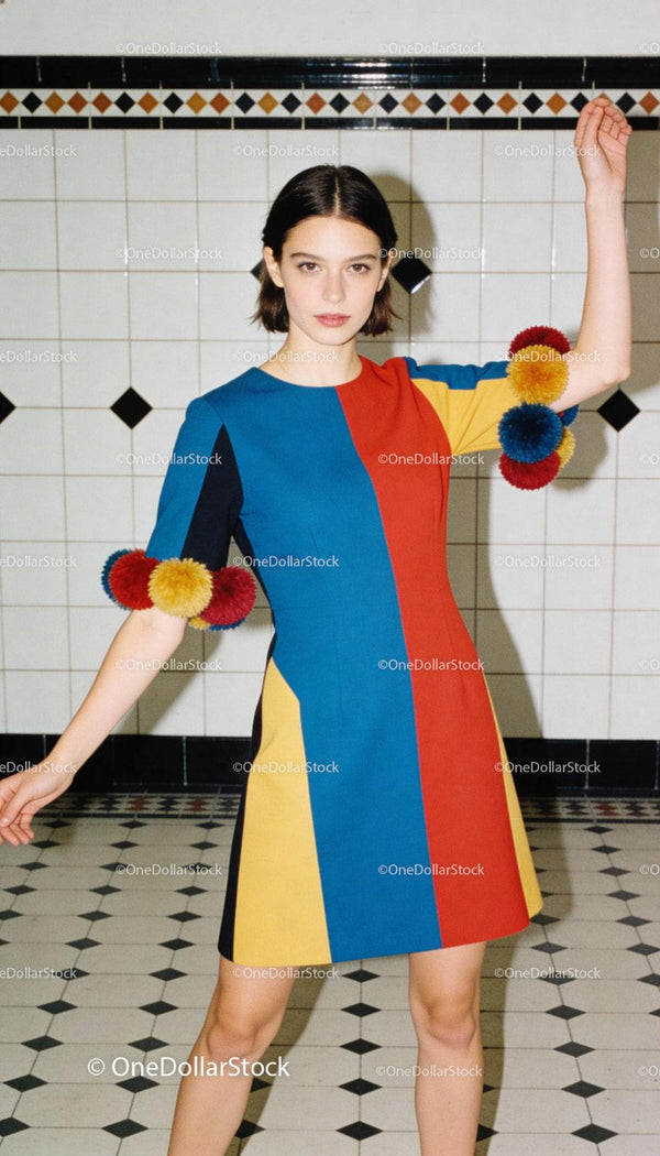 Young Woman in Colorful Dress with Pom-Pom Sleeves