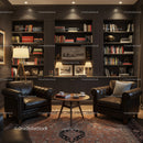 Cozy reading nook with leather chairs and warm lighting