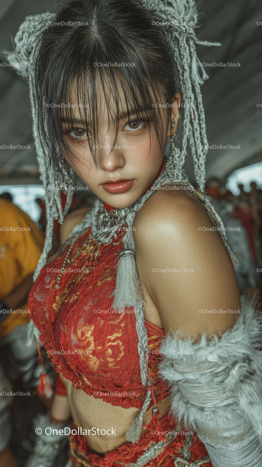 Vibrant Cultural Woman in Red Embroidered Dress and Silver Jewelry