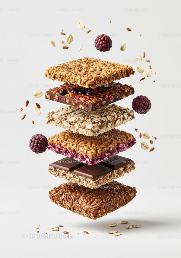 Stack of Mixed Granola Bars with Berries and Chocolate