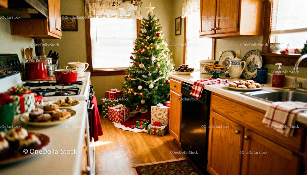 Cozy kitchen decorated with Christmas tree and treats