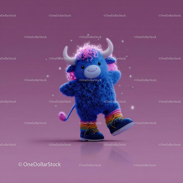 Cute Fuzzy Blue Cartoon Yak Wearing Sneakers