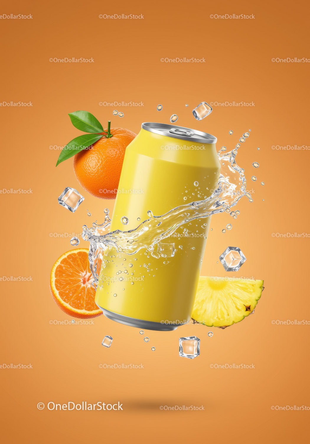 Refreshing citrus soda can with fruit and splash