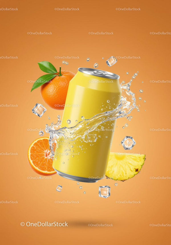 Refreshing citrus soda can with fruit and splash JPG Mockup Image