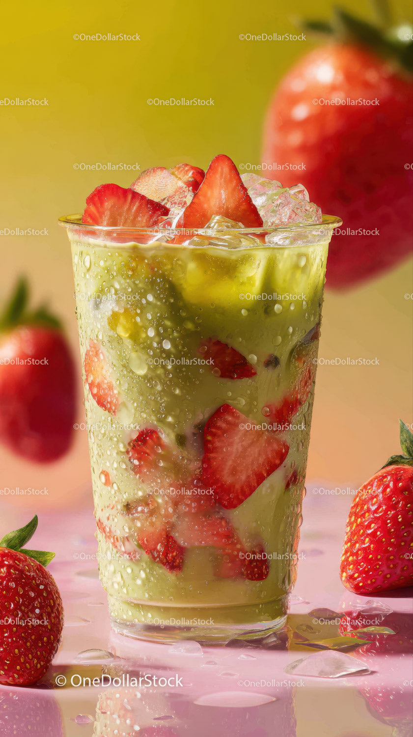 Refreshing Strawberry Fruit Drink with Ice and Juicy Slices