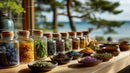 Herbal Collection with jars and flowers on outdoor wooden table