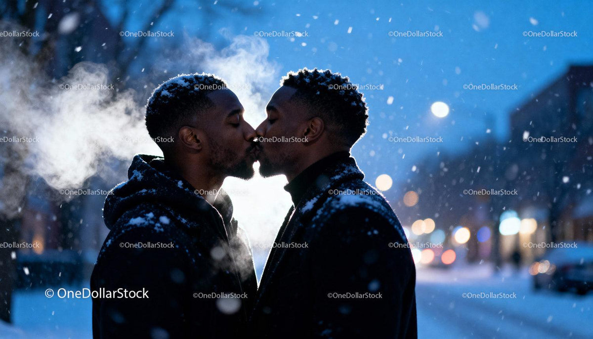 Couple Sharing a Tender Kiss in Snowy Evening