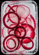 Red onion slices frozen in a clear ice block