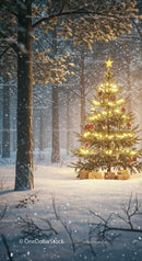 Illuminated Christmas Tree in Snowy Forest at Dusk