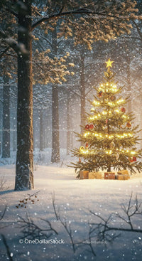 Illuminated Christmas Tree in Snowy Forest at Dusk