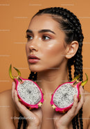 Bright Woman with Braided Hair Holding Exotic Dragon Fruit for Beauty