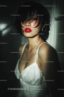 Elegant Woman with Red Lips in Stylish Evening Dress