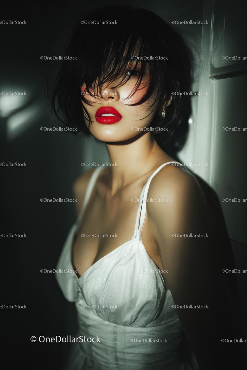 Elegant Woman with Red Lips in Stylish Evening Dress