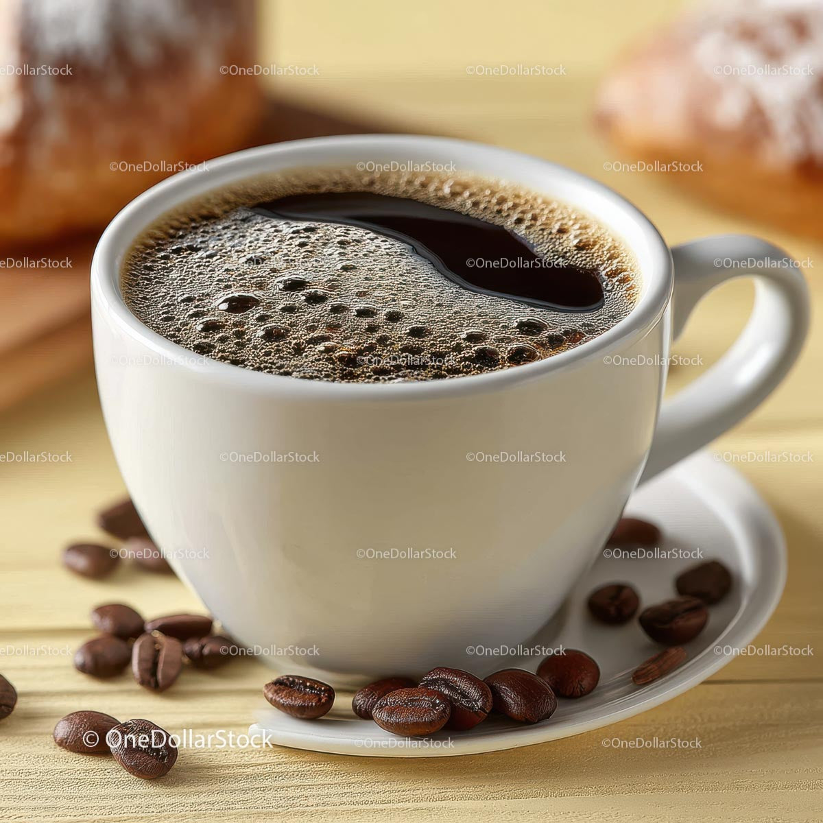 Delicious Coffee in a White Cup with Roasted Beans on Wooden Plate