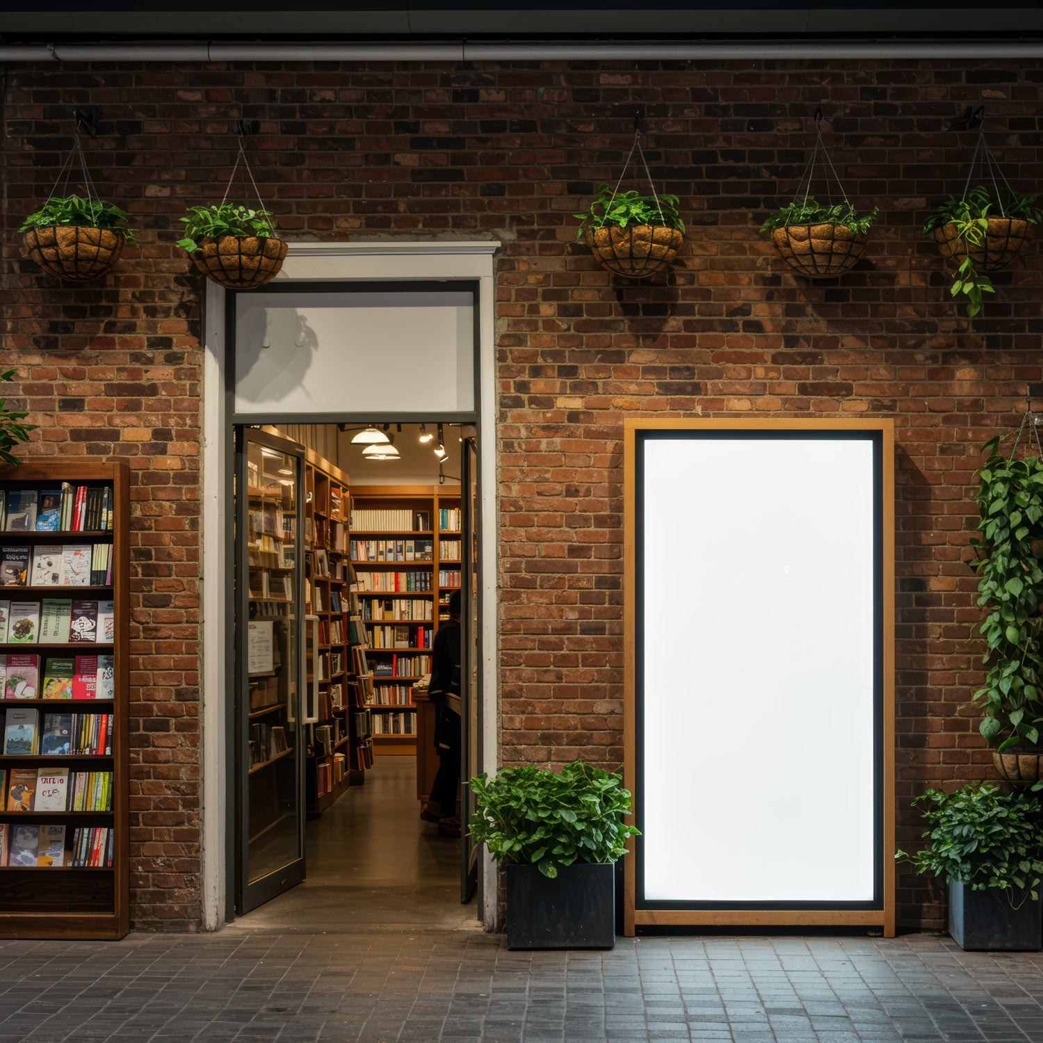Cozy bookstore entrance with hanging plants and blank sign