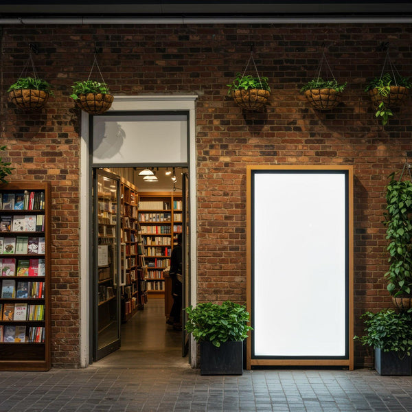 Cozy bookstore entrance with hanging plants and blank sign JPG Mockup Image