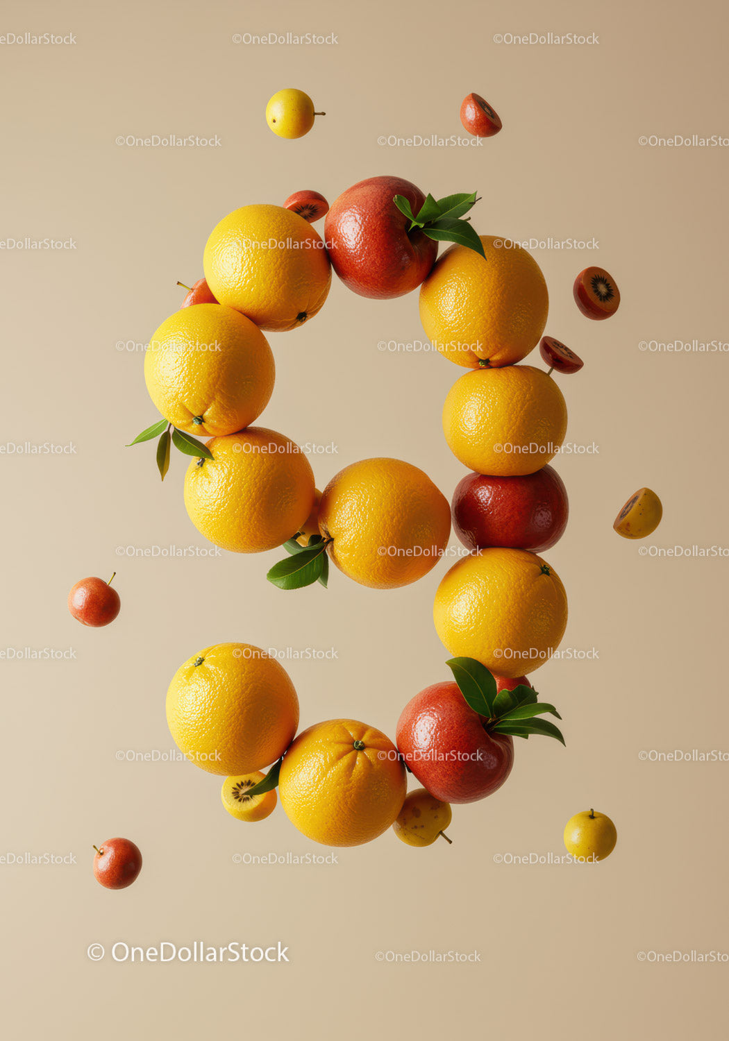 Floating citrus fruits forming circular arrangement on beige