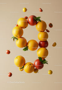 Floating citrus fruits forming circular arrangement on beige