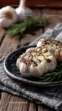 Stuffed Garlic Bulb with Cheese and Herbs on Rustic Dinner Plate
