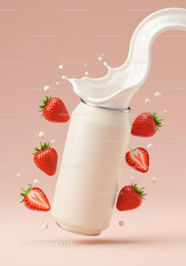 Creamy milk splash from can with fresh ripe strawberries JPG Mockup Image