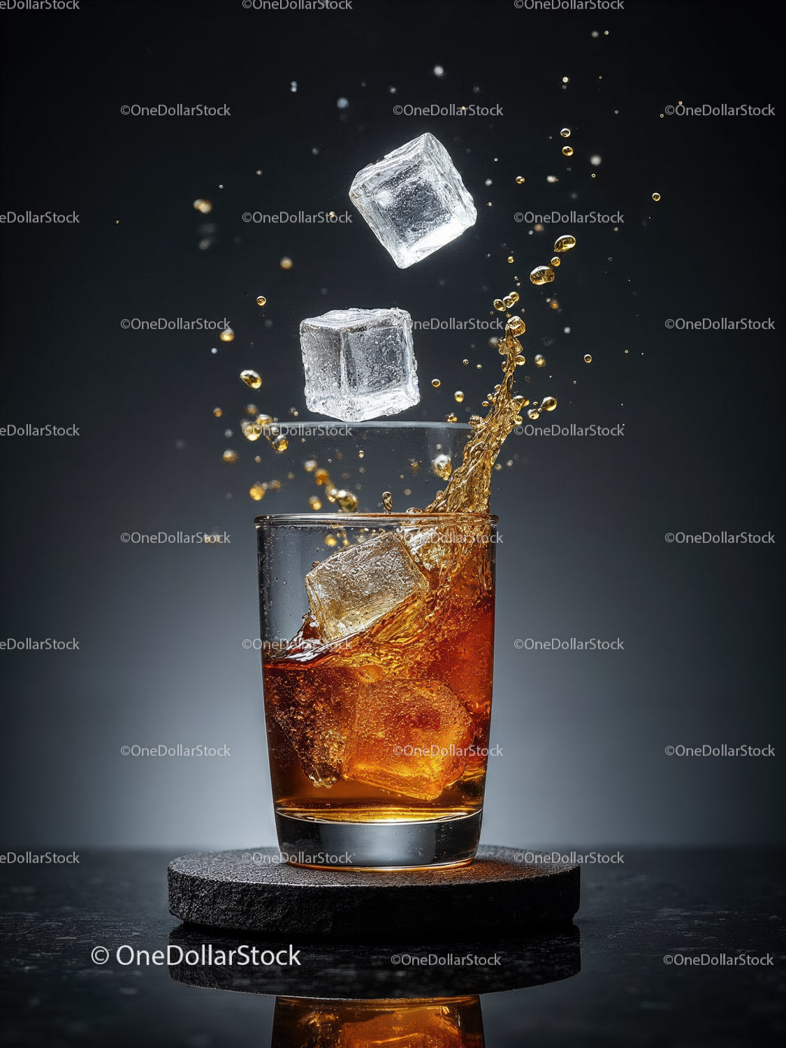 Refreshing drink with ice cubes splashing in glass