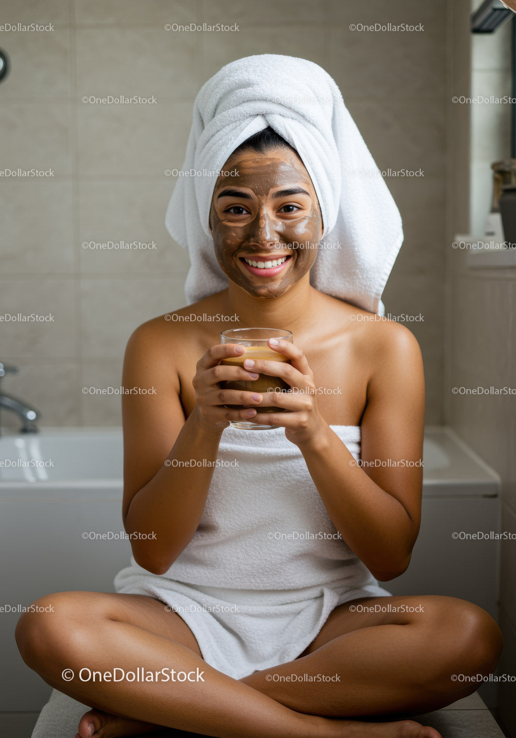 Smiling Woman Applying Facial Mask in Bathroom for Skincare Relaxation