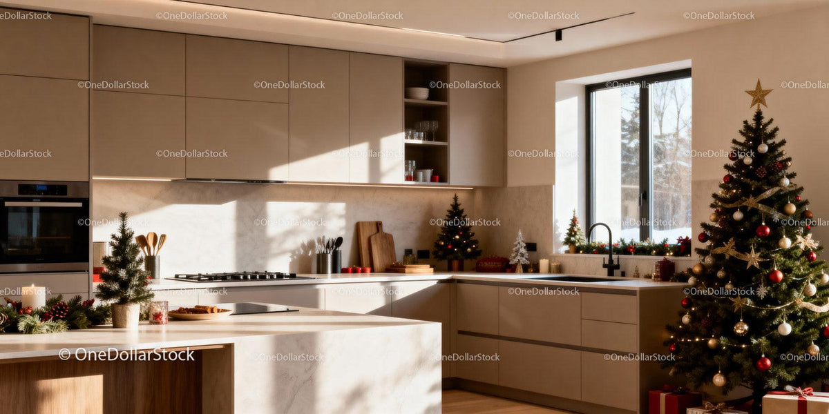 Modern kitchen with festive Christmas decorations and tree